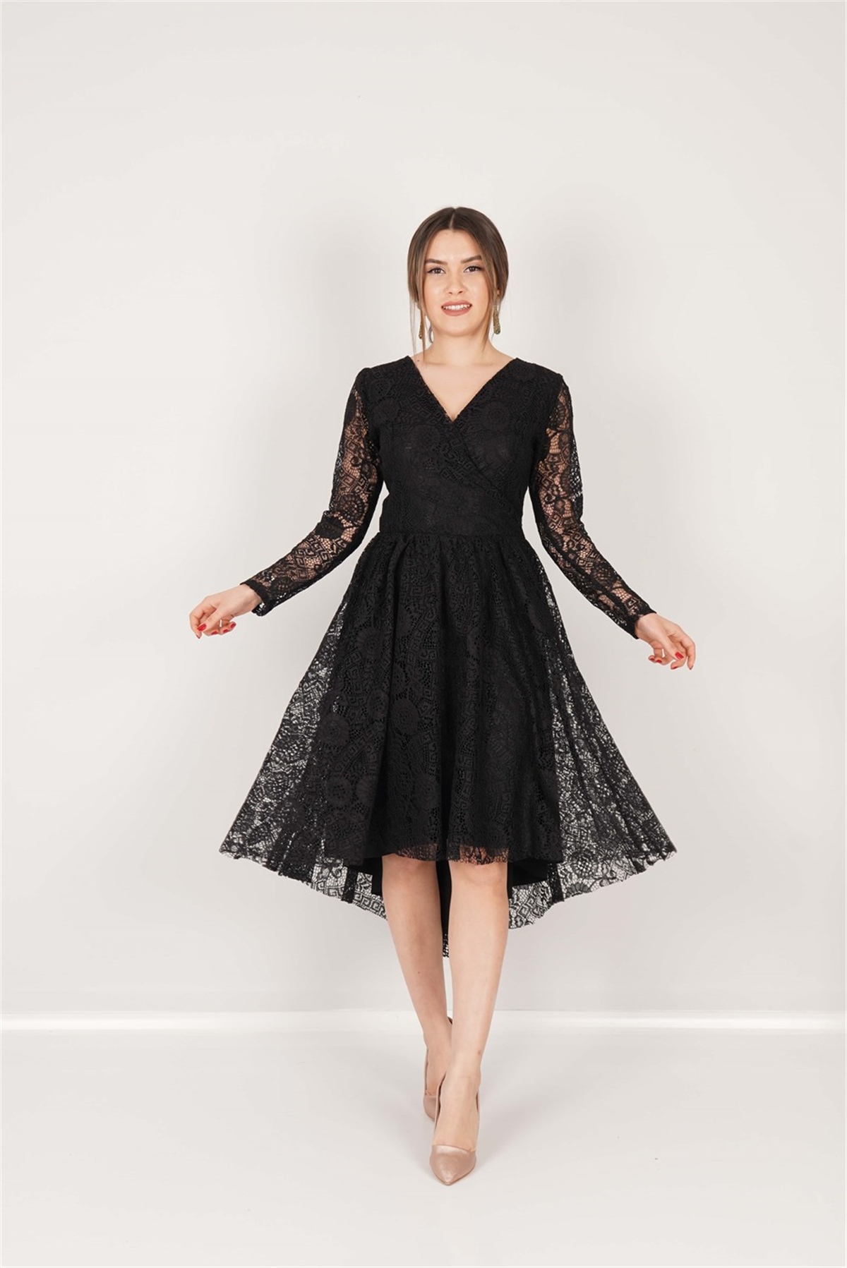 Güpür Dantel Asimetrik Kesim Elbise - Siyah | Giyim Masalı