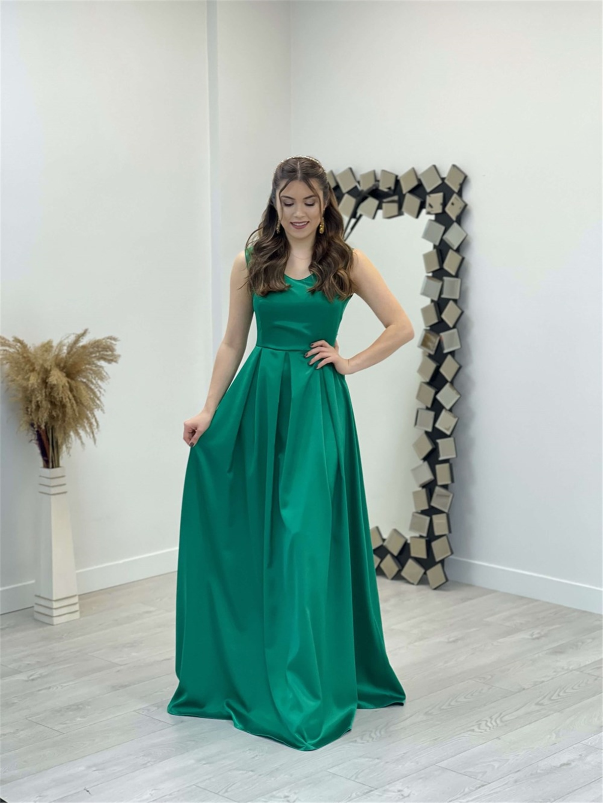 İthal Saten Abiye Elbise - Zümrüt Yeşil | Giyim Masalı