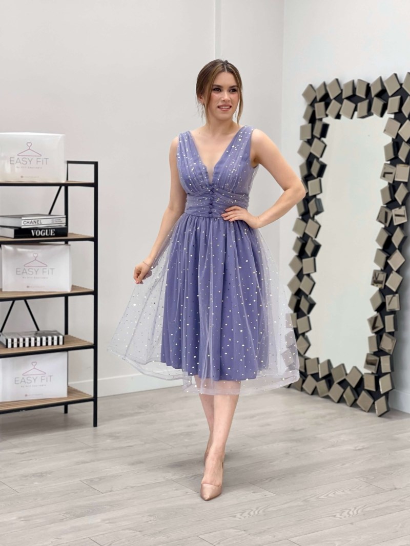 Imported Tulle Star Detailed V Neck Midi Dress - Lilac Color | Giyim Masalı