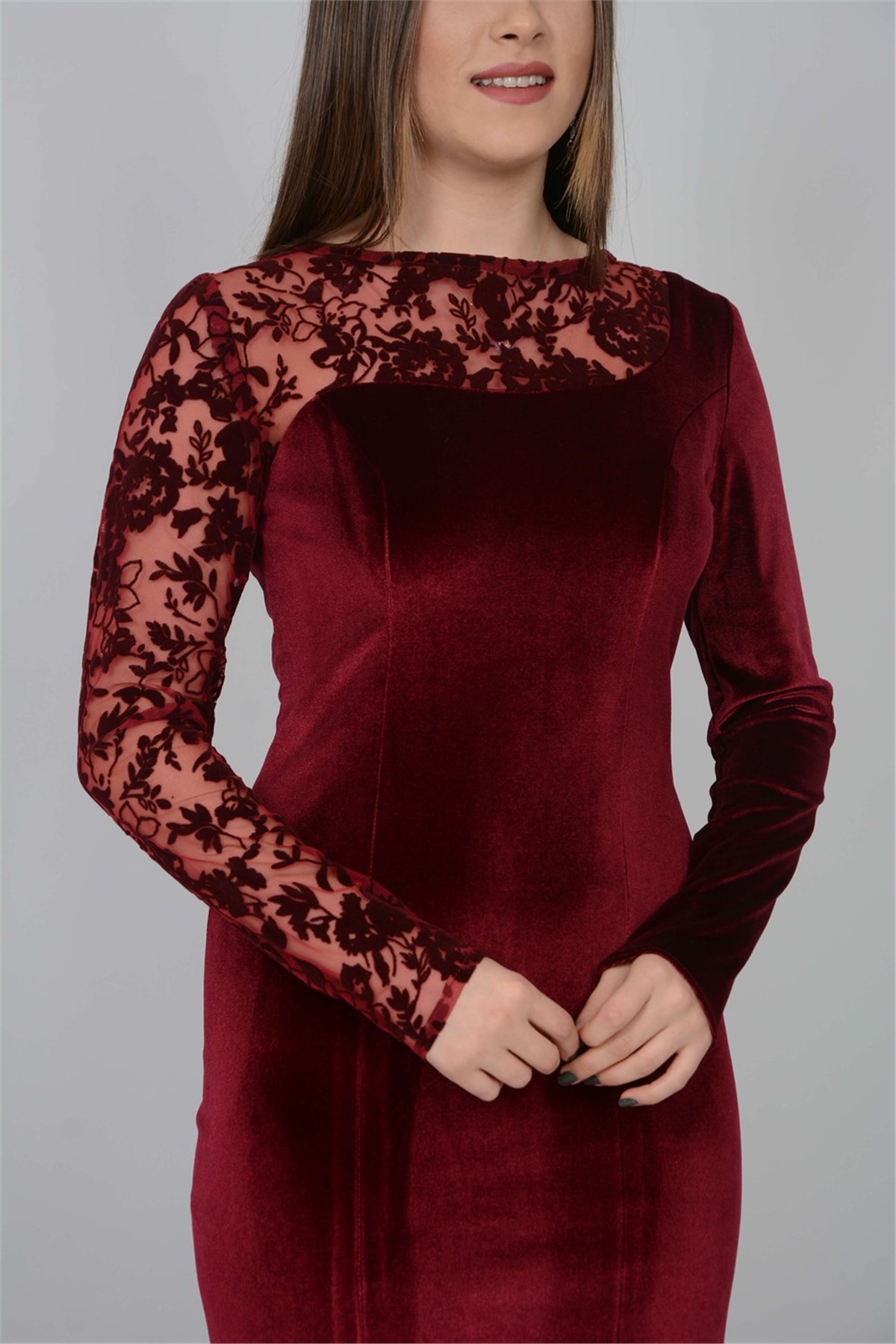 Velvet Lace Detailed Pencil Dress - Claret Red | Giyim Masalı