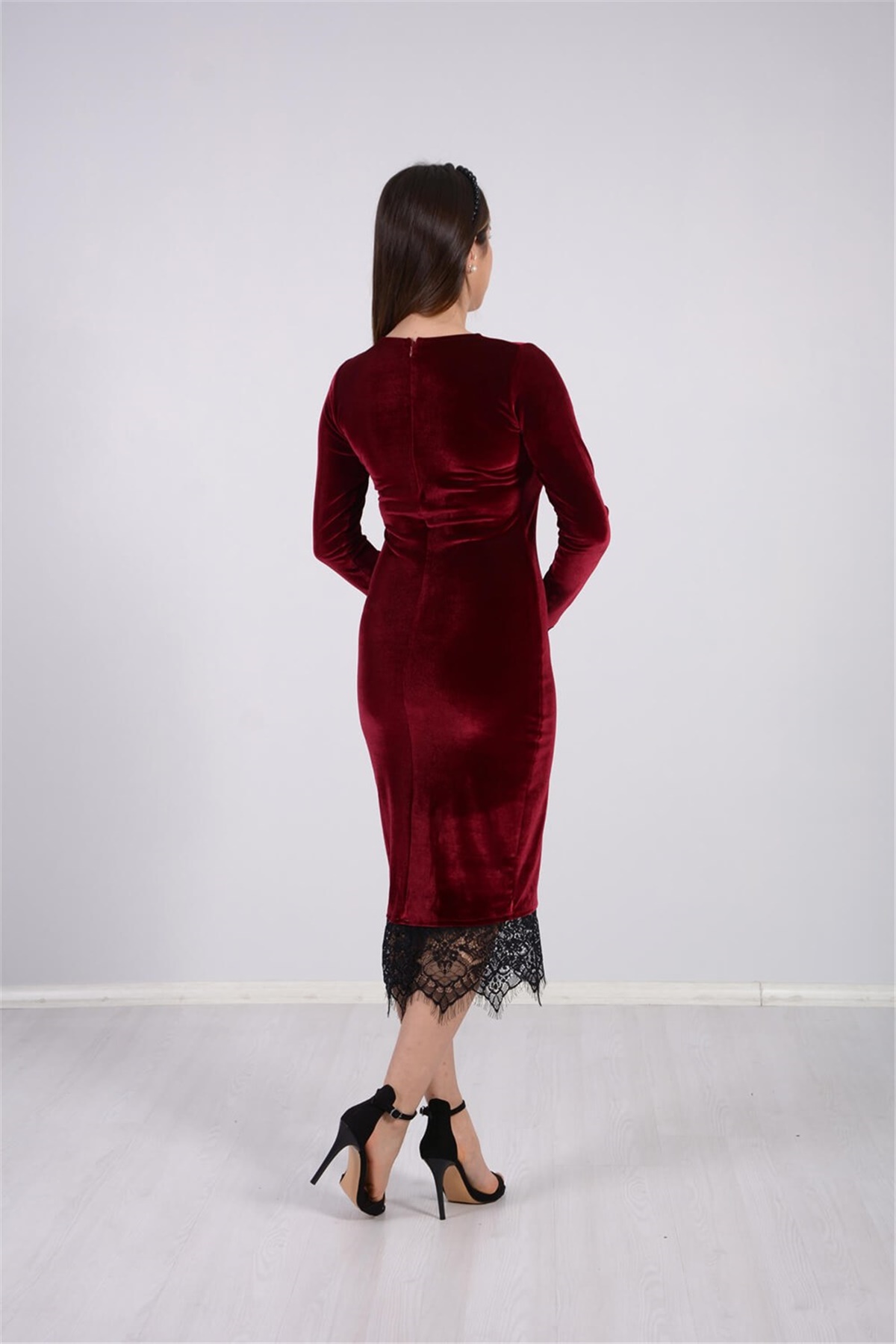Kadife Kumaş Dantel Elbise - Bordo | Giyim Masalı