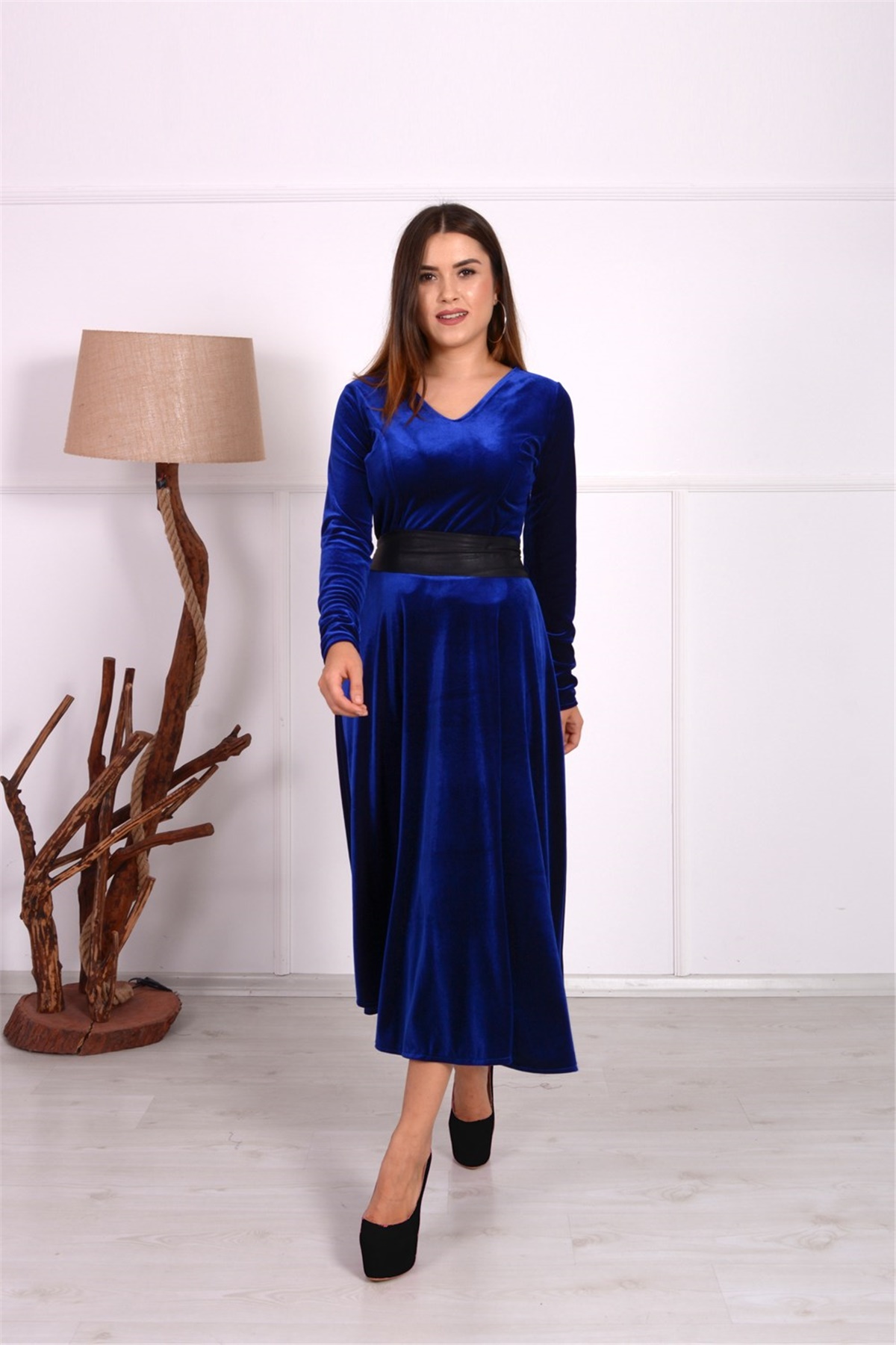 Kadife Midi Tasarım Büyük Beden Elbise - Saks Mavi | Giyim Masalı
