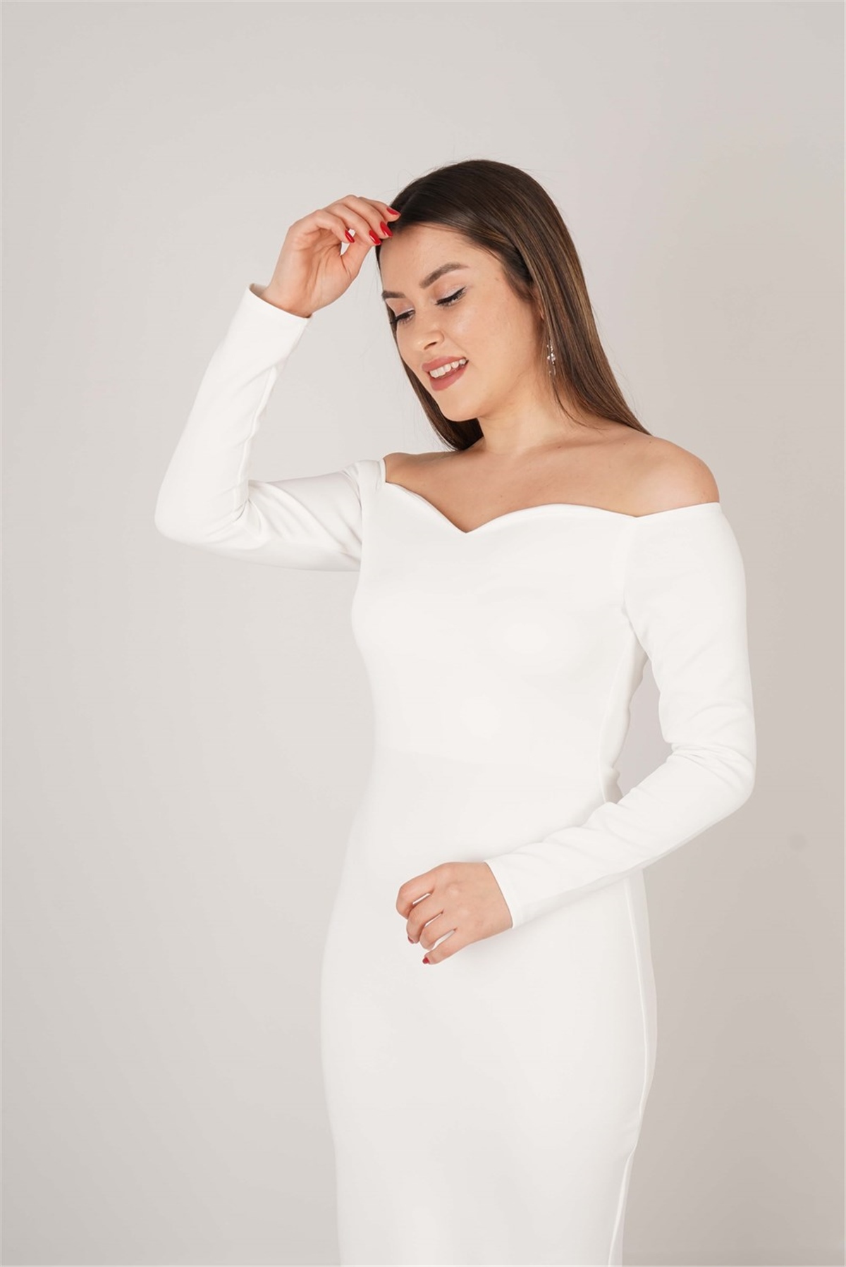 فستان ميدي بياقة على شكل قلب- أبيض | Giyim Masalı