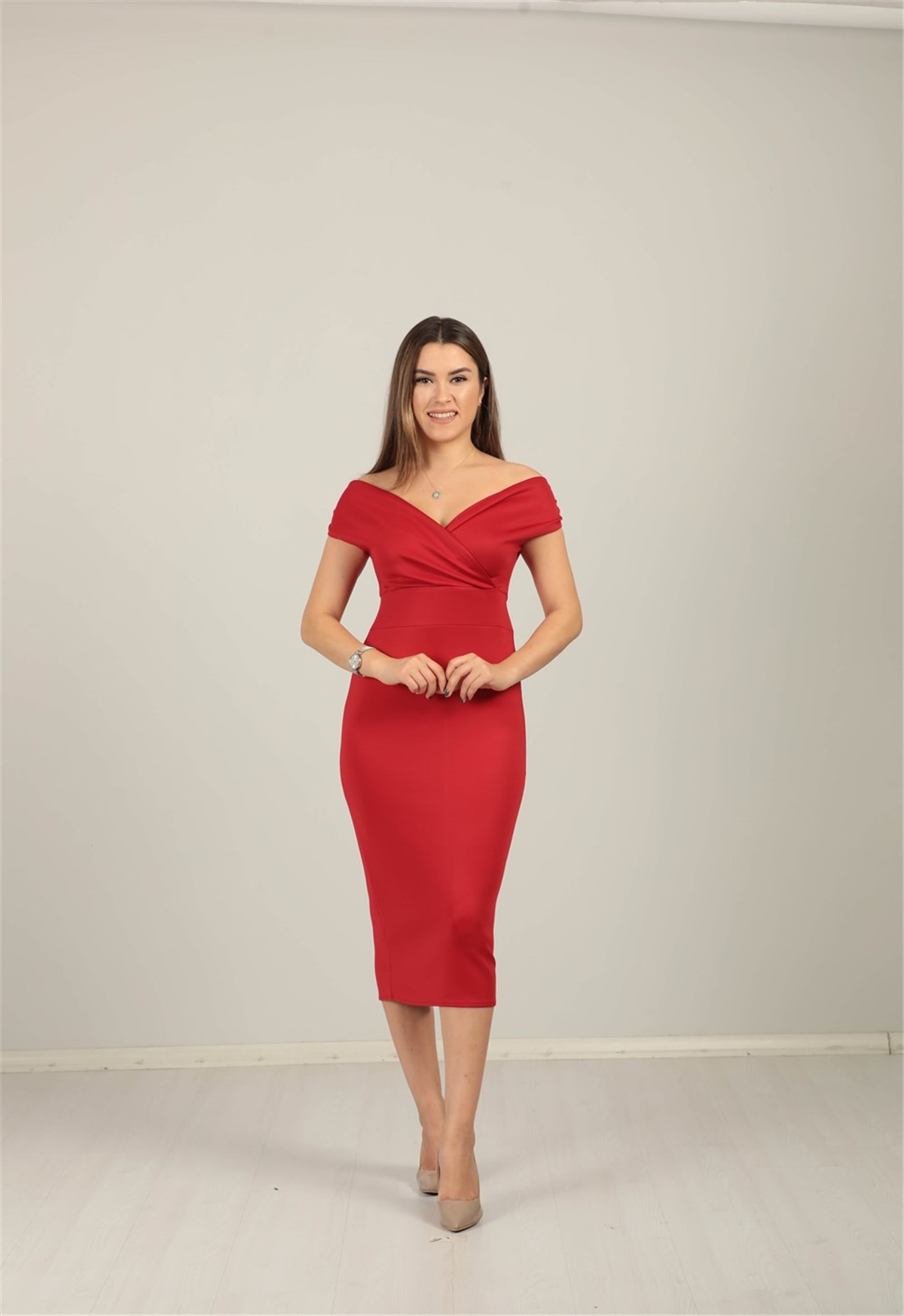 Kayık Yaka Kalem Elbise - Kırmızı | Giyim Masalı