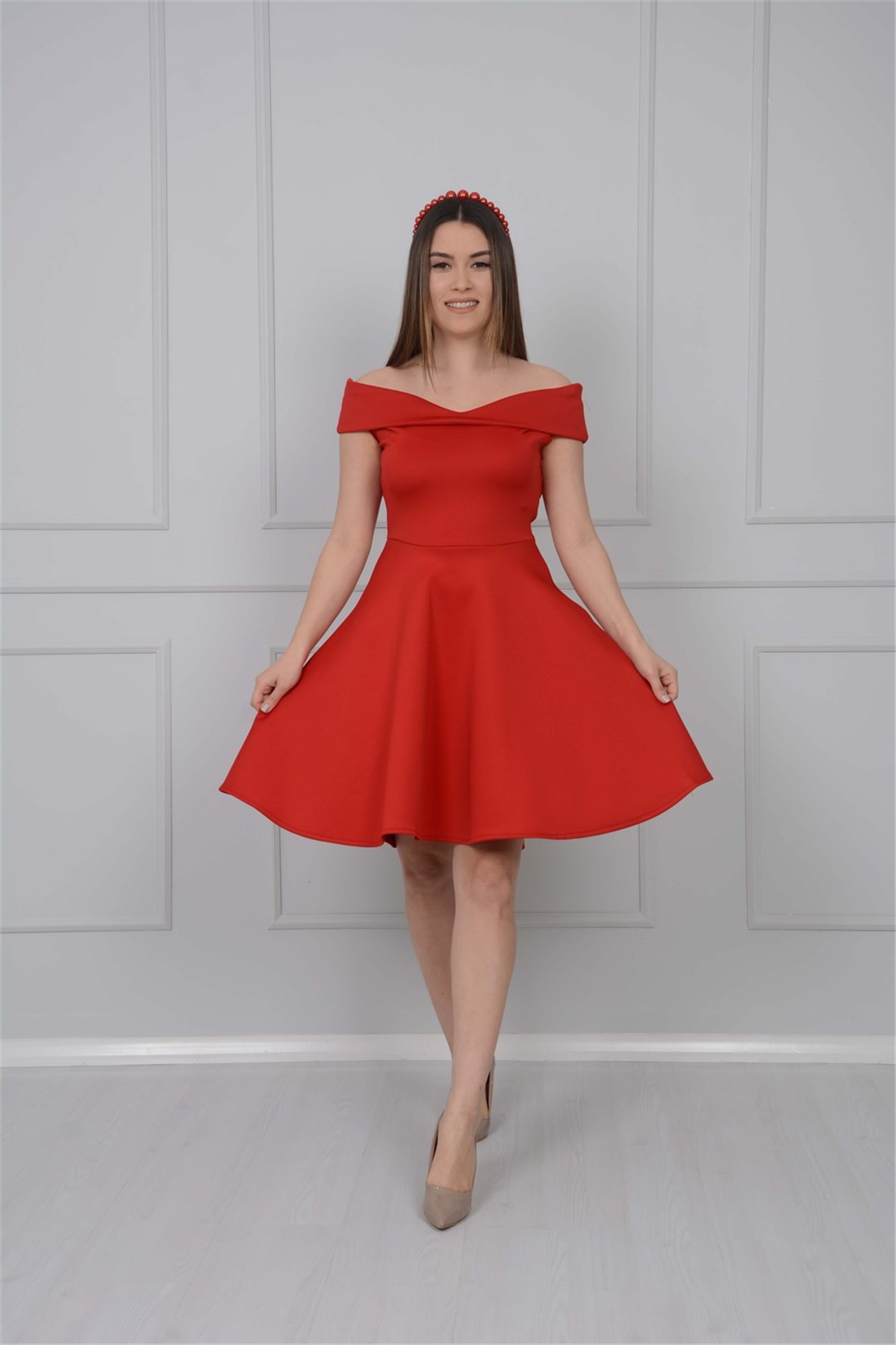 Kayık Yaka Mini Elbise - Kırmızı | Giyim Masalı