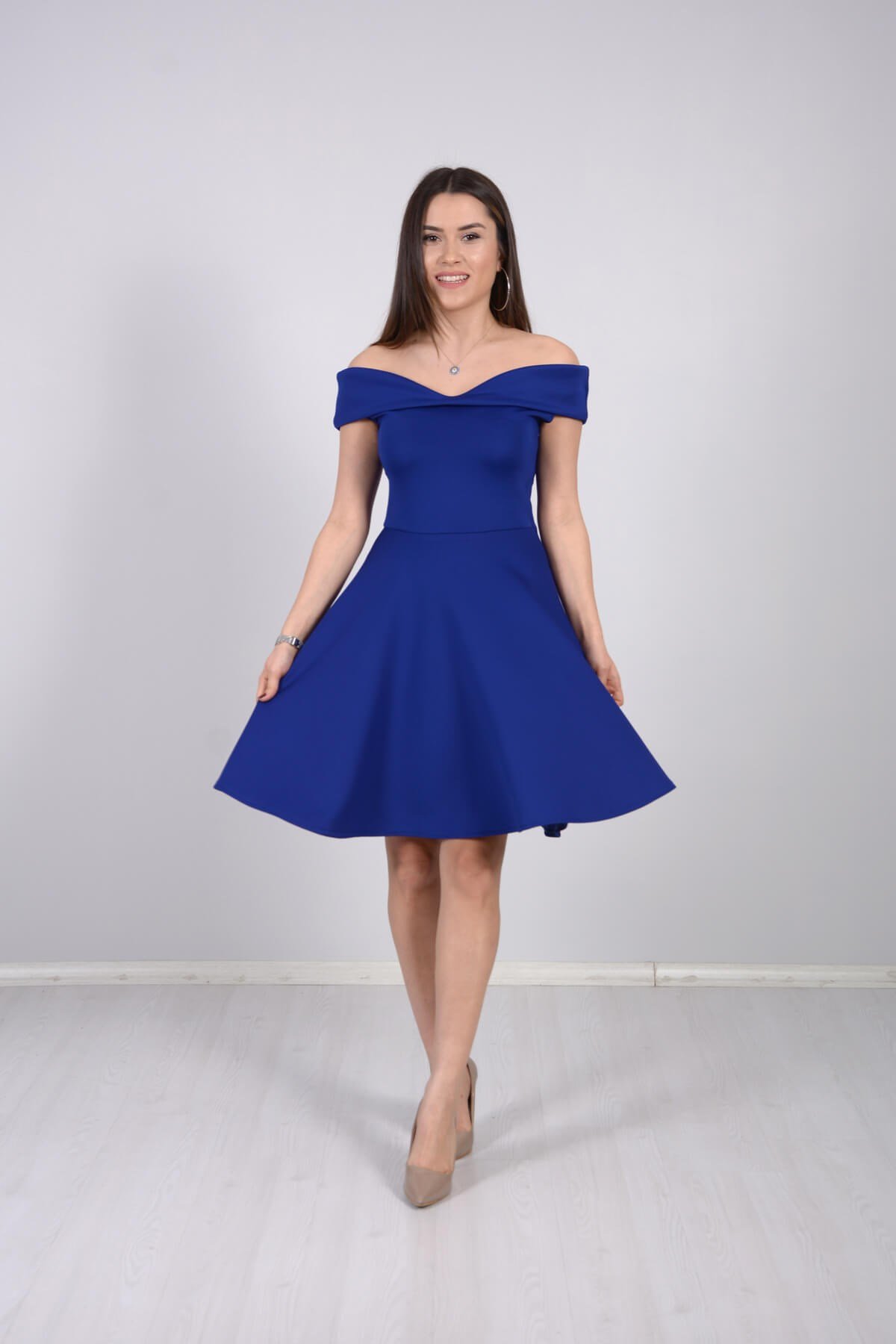 Kayık Yaka Mini Elbise - Saks Mavi | Giyim Masalı
