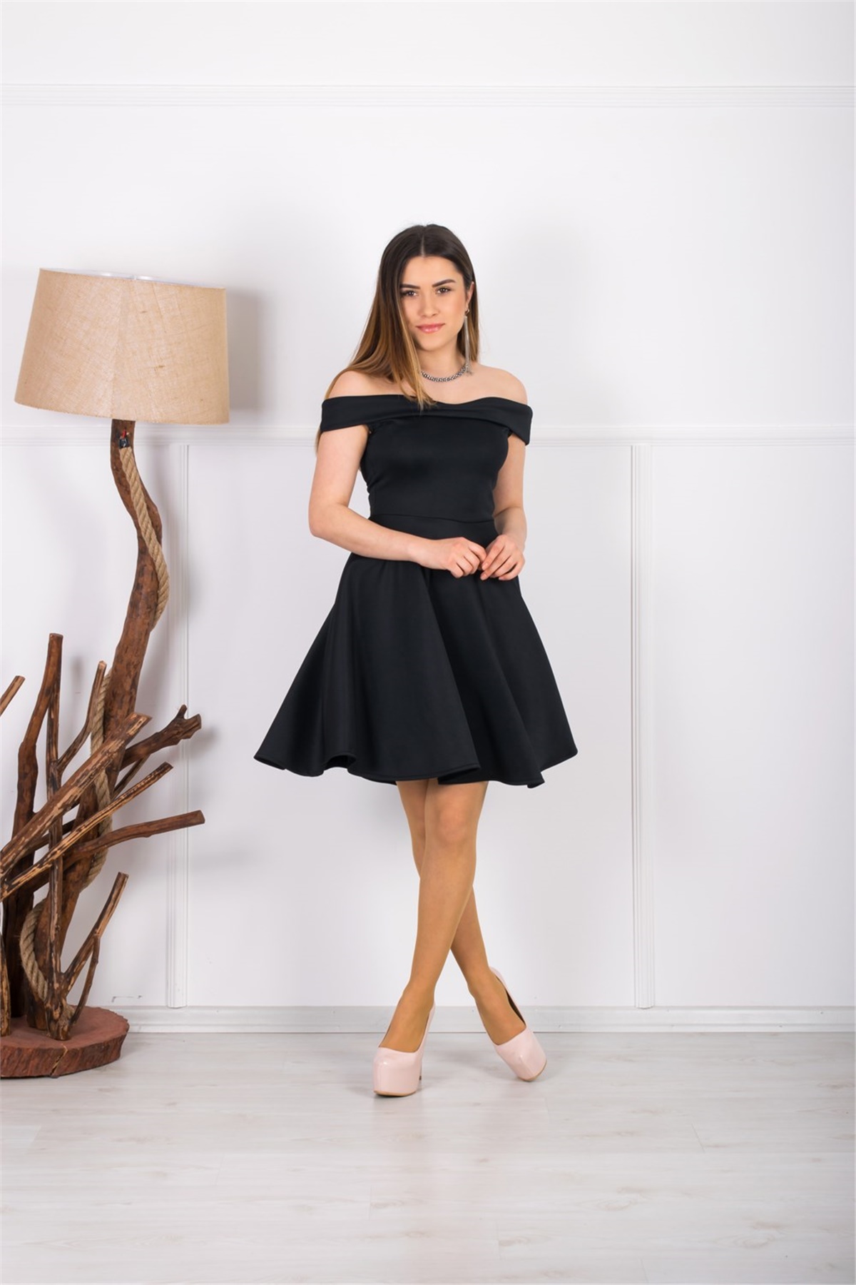 Kayık Yaka Mini Elbise - Siyah - Giyim Masalı