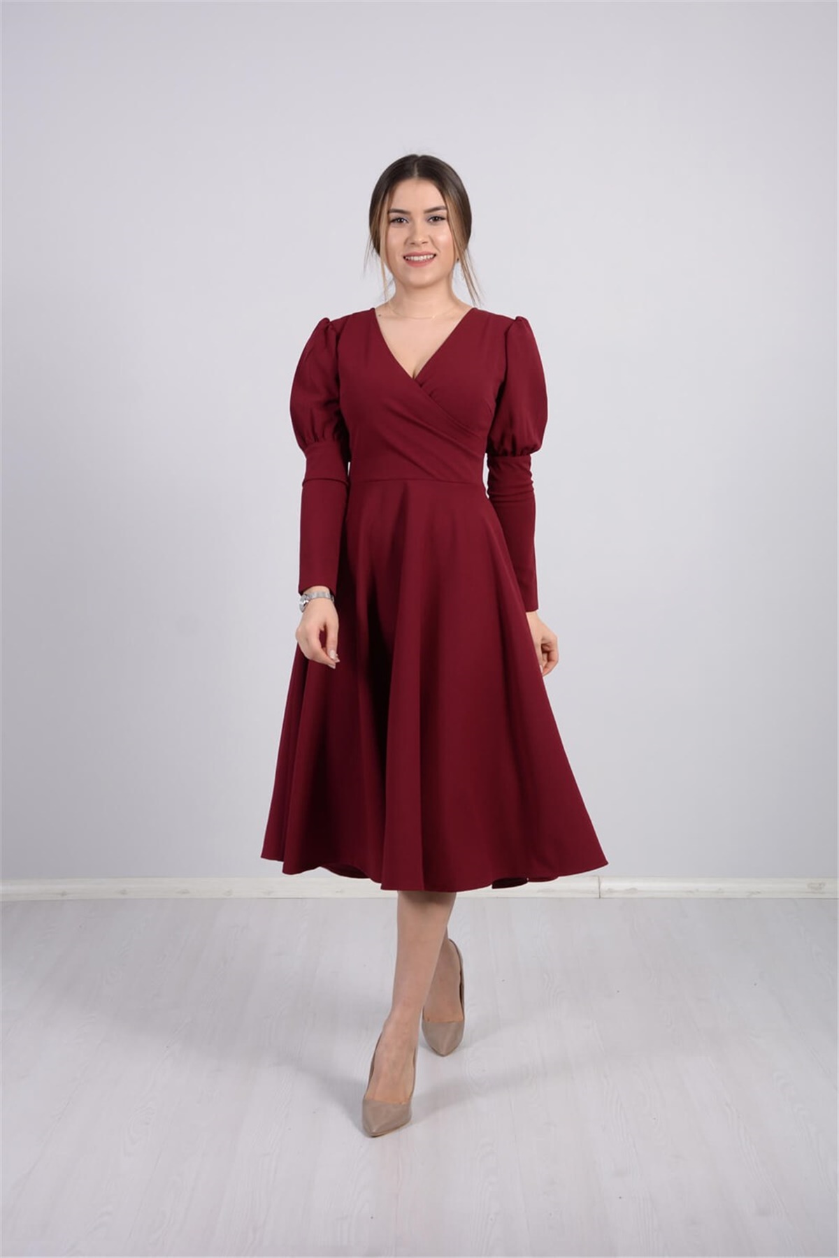 Sleeve Detailed Midi Dress - Claret Red | Giyim Masalı