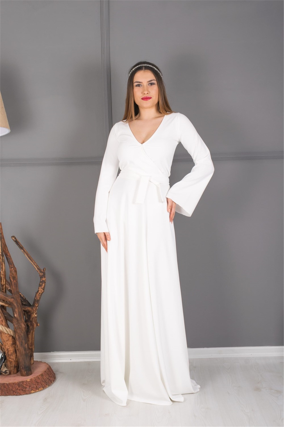 Kol İspanyol Abiye Elbise - Beyaz | Giyim Masalı