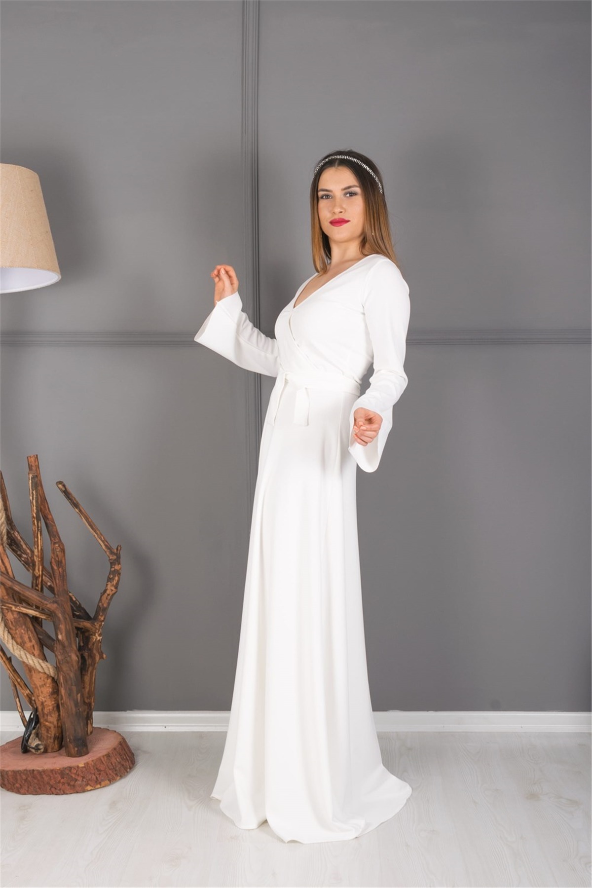 Kol İspanyol Abiye Elbise - Beyaz - Giyim Masalı