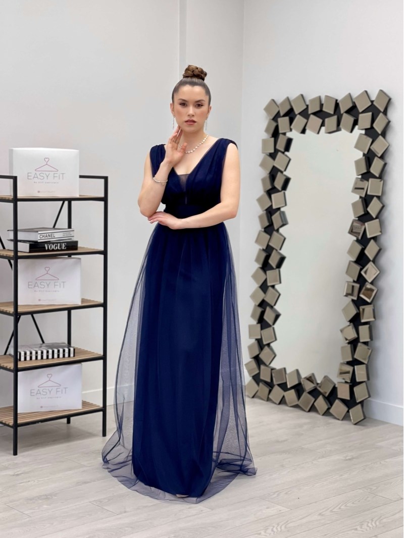 Sleeveless Rouched Tulle Dress - Navy Blue | Giyim Masalı