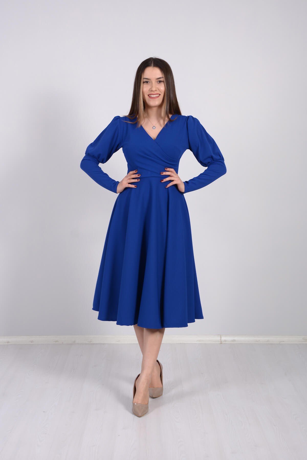 Crepe Fabric Sleeve Detailed Midi Dress - Sax Blue | Giyim Masalı