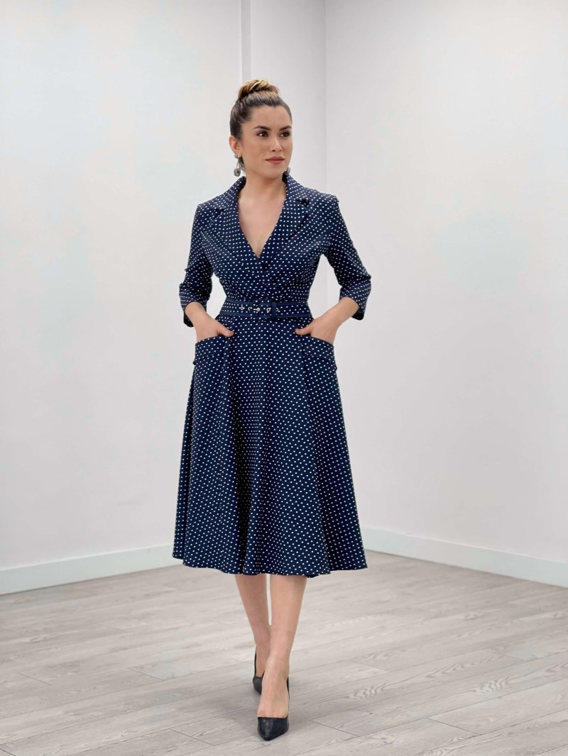 Krep Kumaş Puantiye Detaylı Midi Elbise - LACİVERT - Giyim Masalı