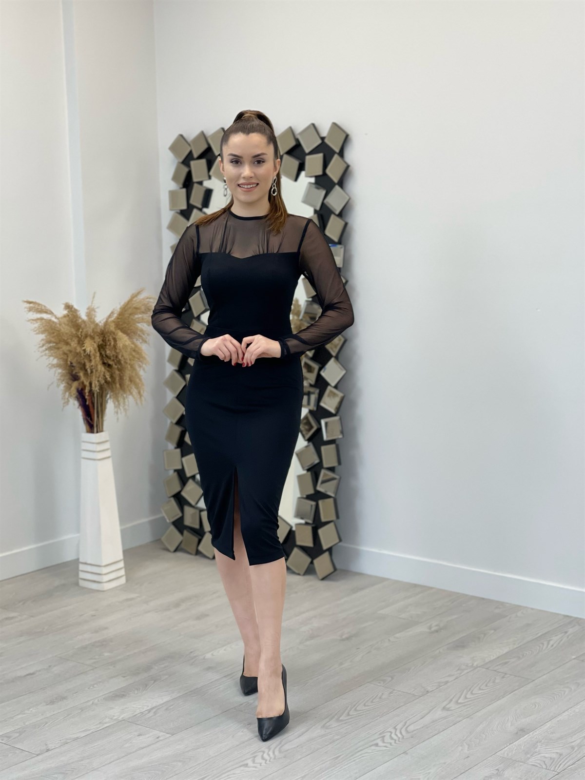 Crepe Fabric Tulle Detailed Pencil Dress - Black | Giyim Masalı