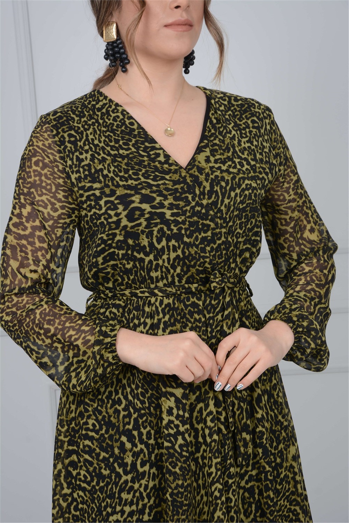 Leopar Desenli Şifon Elbise - Sarı | Giyim Masalı