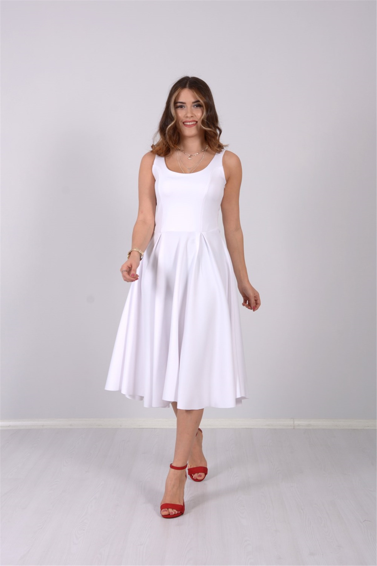 Midi Elbise - Beyaz - Giyim Masalı