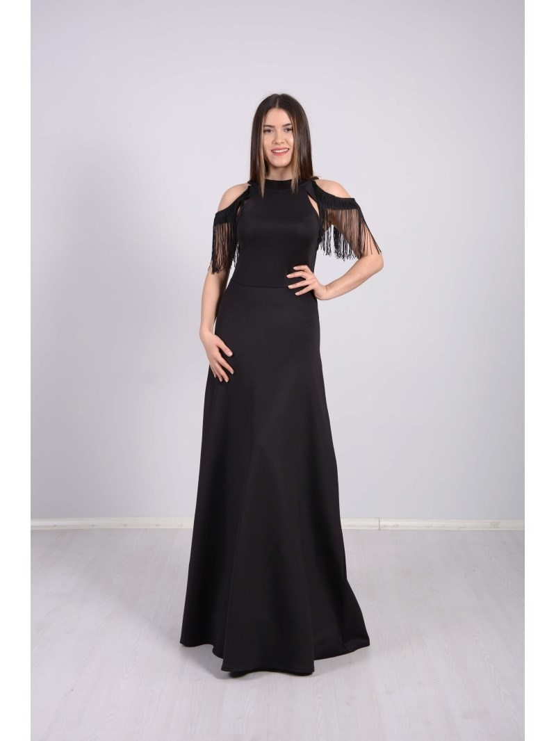 فستان طويل كلوش مزين بشراشيب على الكتف - أسود | Giyim Masalı