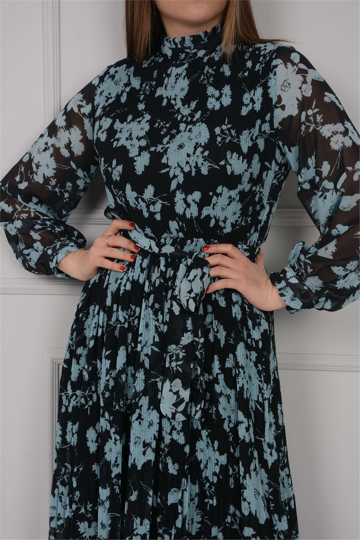 Pleated Floral Pattern Dress - Black | Giyim Masalı