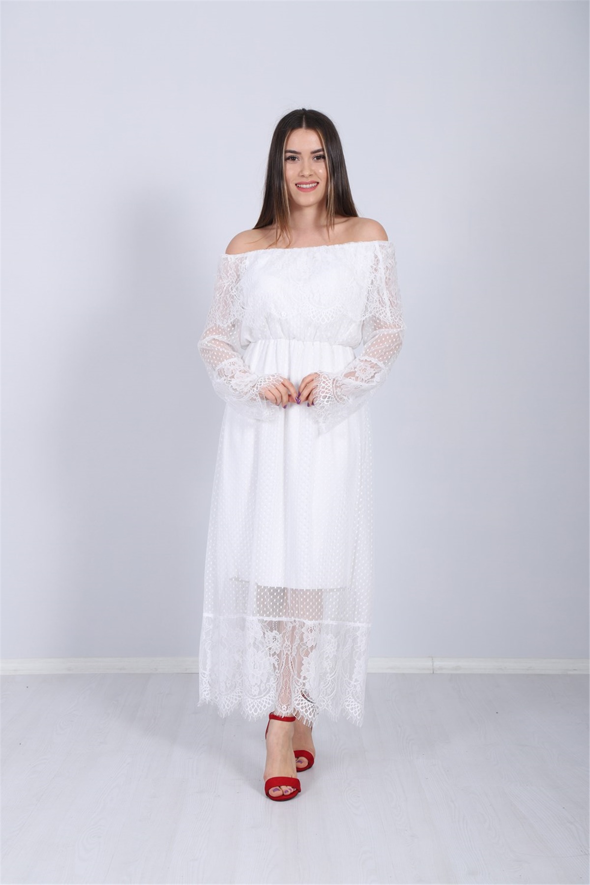 Puantiye Tül Dantel Tasarım Elbise - Beyaz | Giyim Masalı