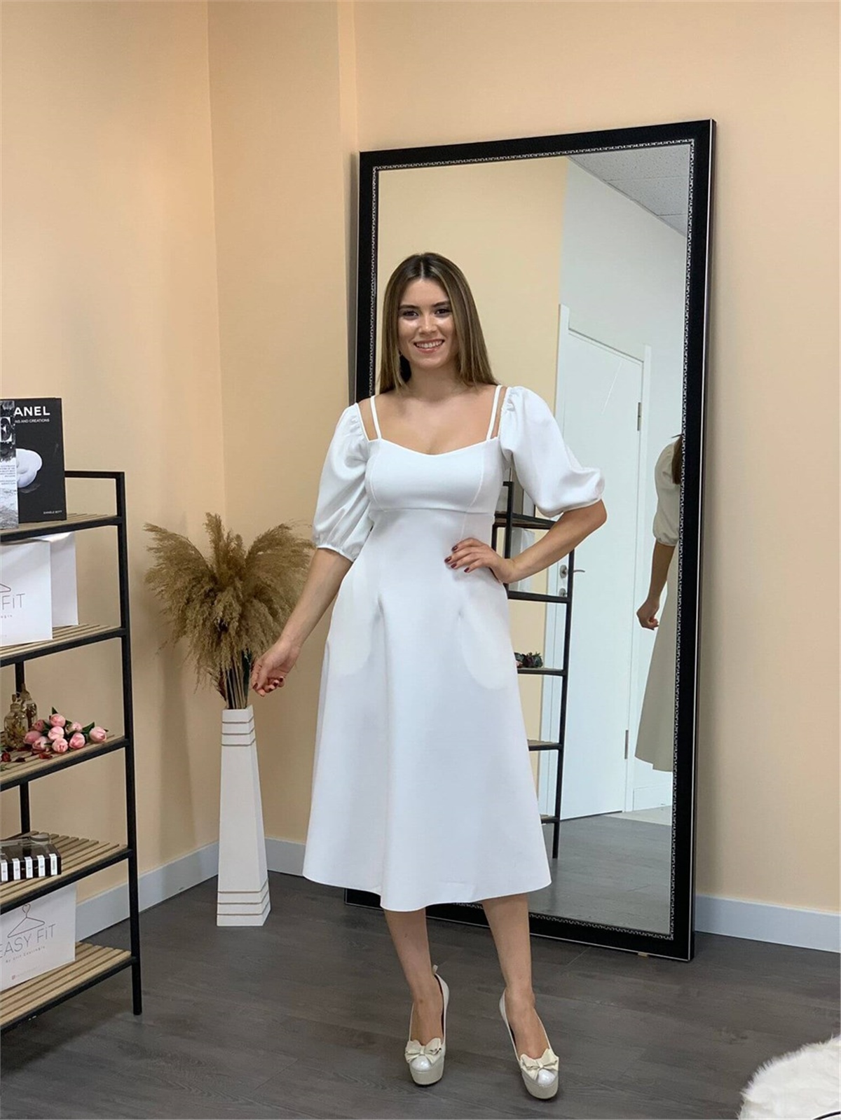Scuba Kumaş Cepli Midi Elbise - Beyaz - Giyim Masalı