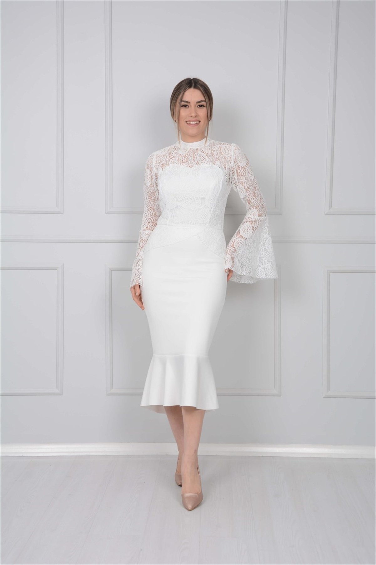 Scuba ve Güpür Detaylı Elbise - Beyaz - Giyim Masalı