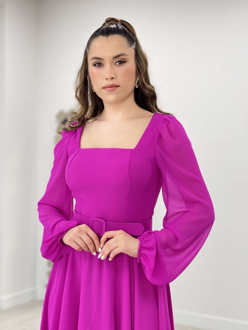 Chiffon Crepe Fabric Sweetheart Nickline Midi Dress - Purple | Giyim Masalı