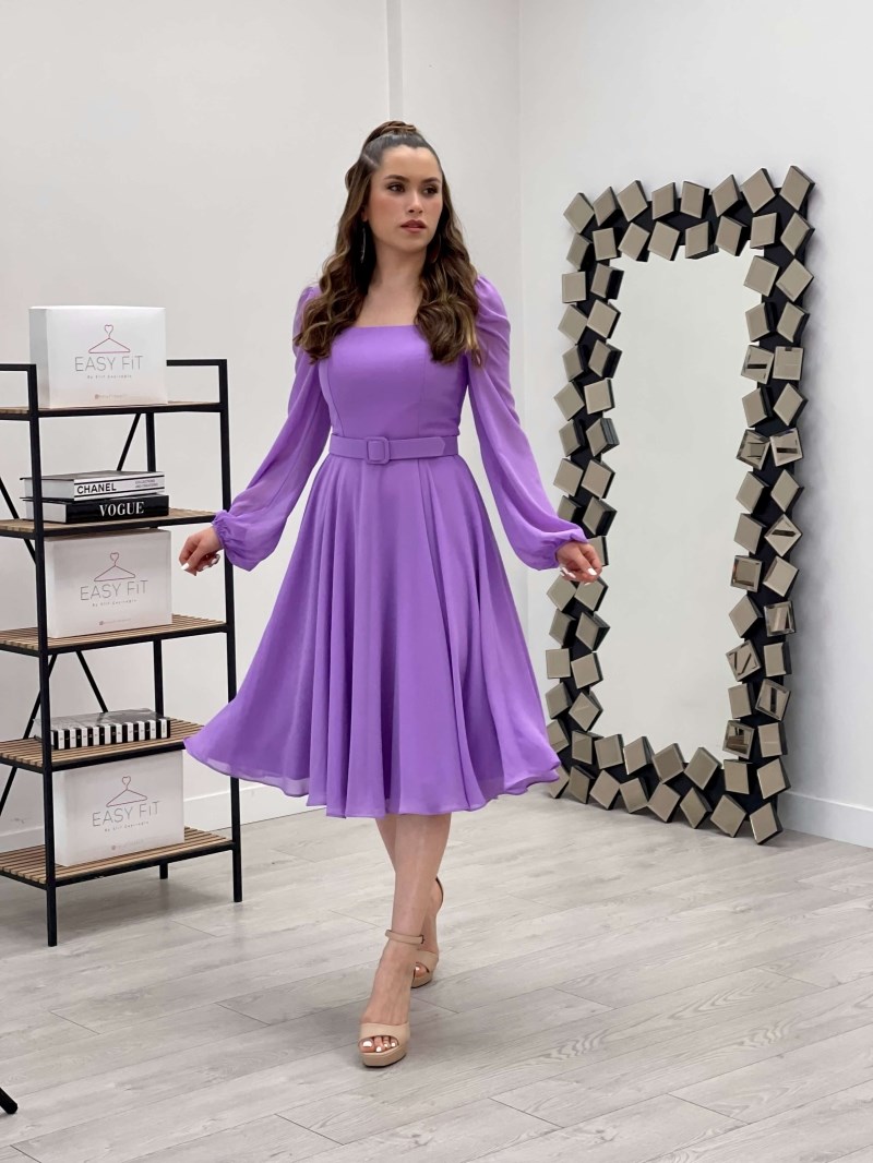 Chiffon Crepe Fabric Sweetheart Nickline Midi Dress - Lilac Color | Giyim  Masalı