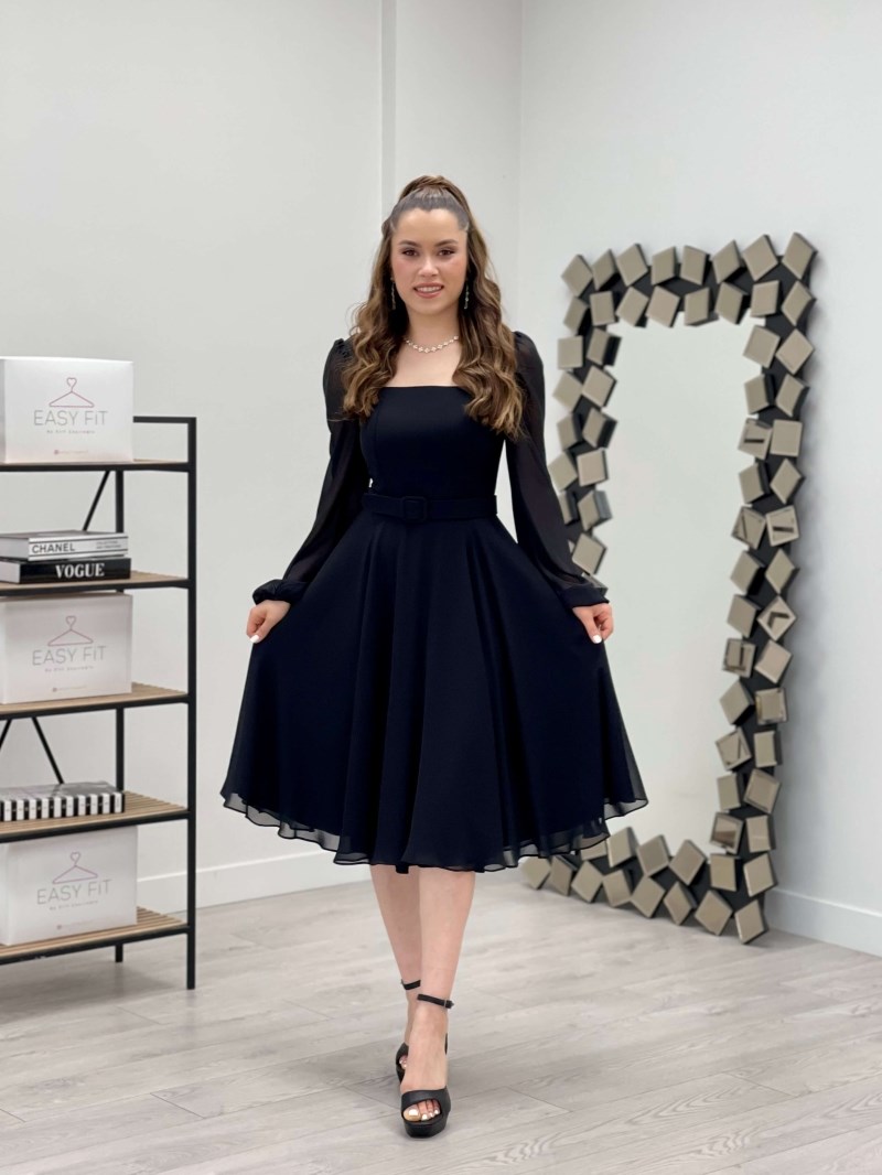 Chiffon Crepe Fabric Sweetheart Nickline Midi Dress - Black | Giyim Masalı