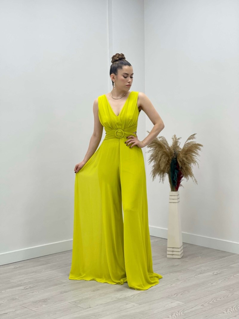 Chiffon Crepe Fabric Jumpsuit Dress - Yellow | Giyim Masalı