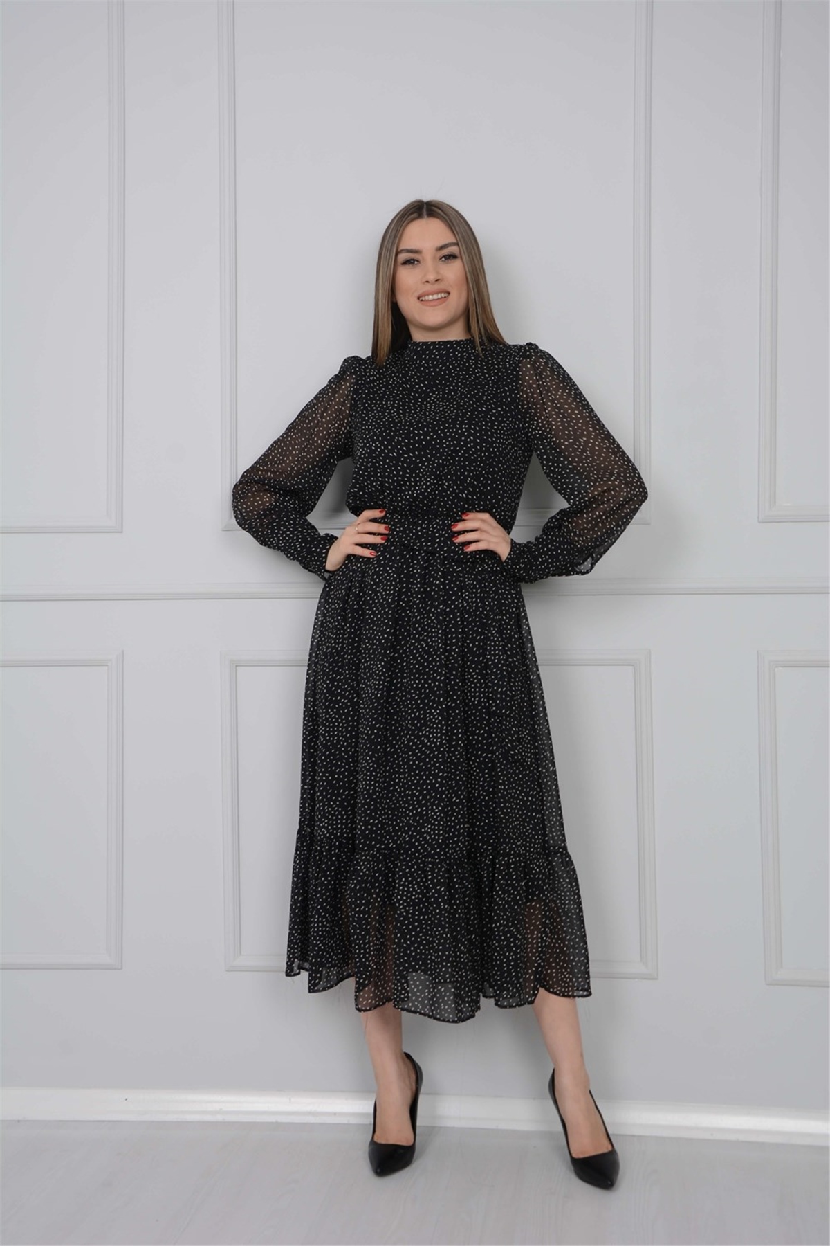 Şifon Puantiyeli Elbise - Siyah | Giyim Masalı
