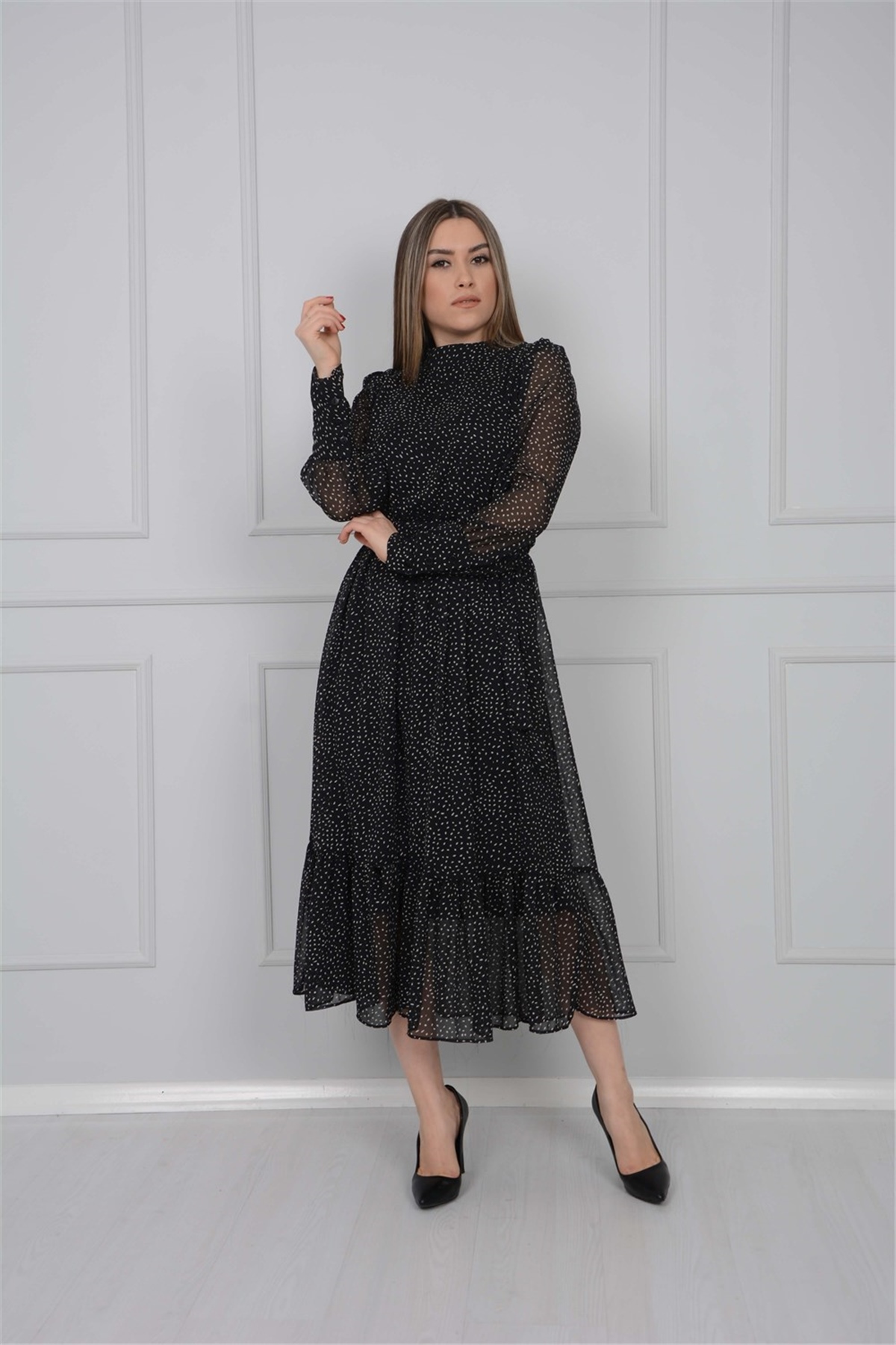 Şifon Puantiyeli Elbise - Siyah | Giyim Masalı