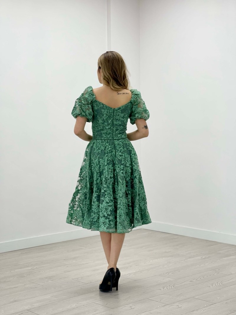 فستان قماش فضي برقبة على شكل قارب - نعناع أخضر | Giyim Masalı