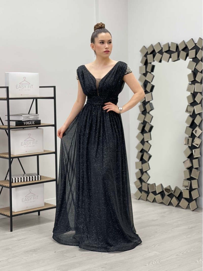 فستان من قماش لامع وبالكتف حجري - الأسود | Giyim Masalı