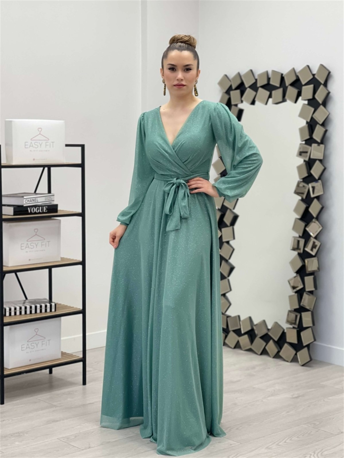 Simli Tül Kumaş Kuşaklı Kiloş Elbise - MİNT YEŞİL | Giyim Masalı