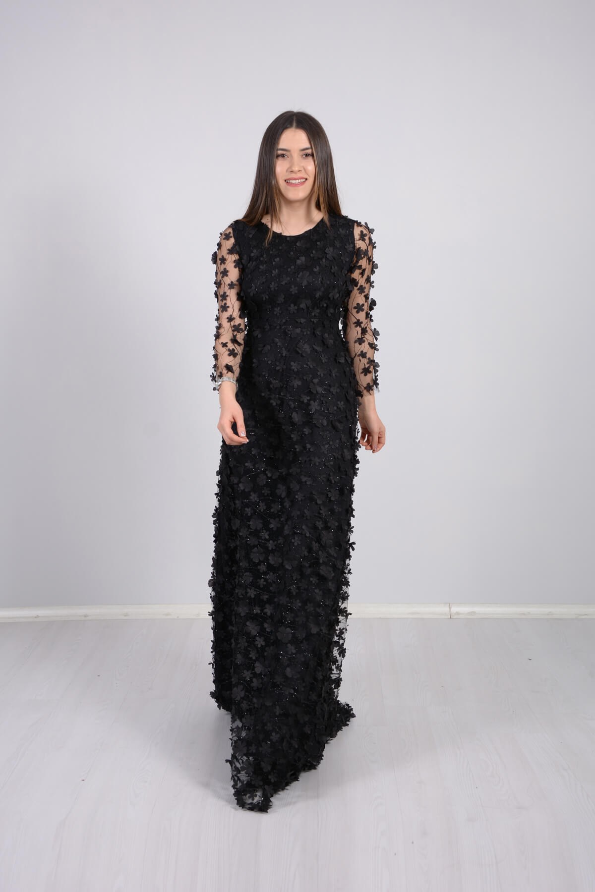 Üç Boyutlu Çiçekli Abiye Elbise - Siyah | Giyim Masalı