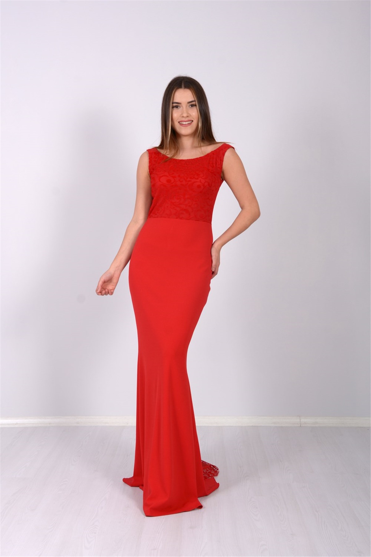 Top Flock Lace Bottom Scuba Evening Dress - Red | Giyim Masalı