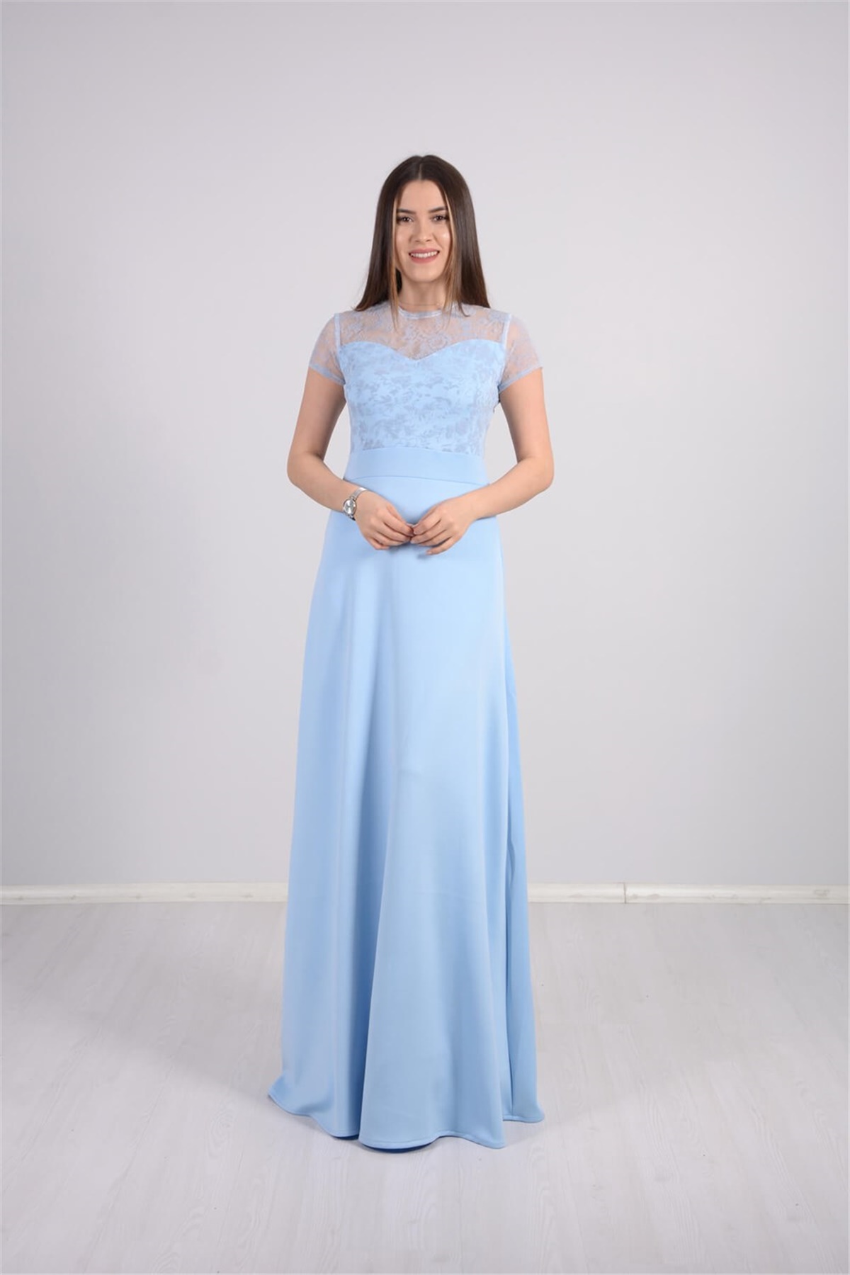 Üst Flok Dantel Alt Scuba Abiye Elbise - Buz Mavi | Giyim Masalı