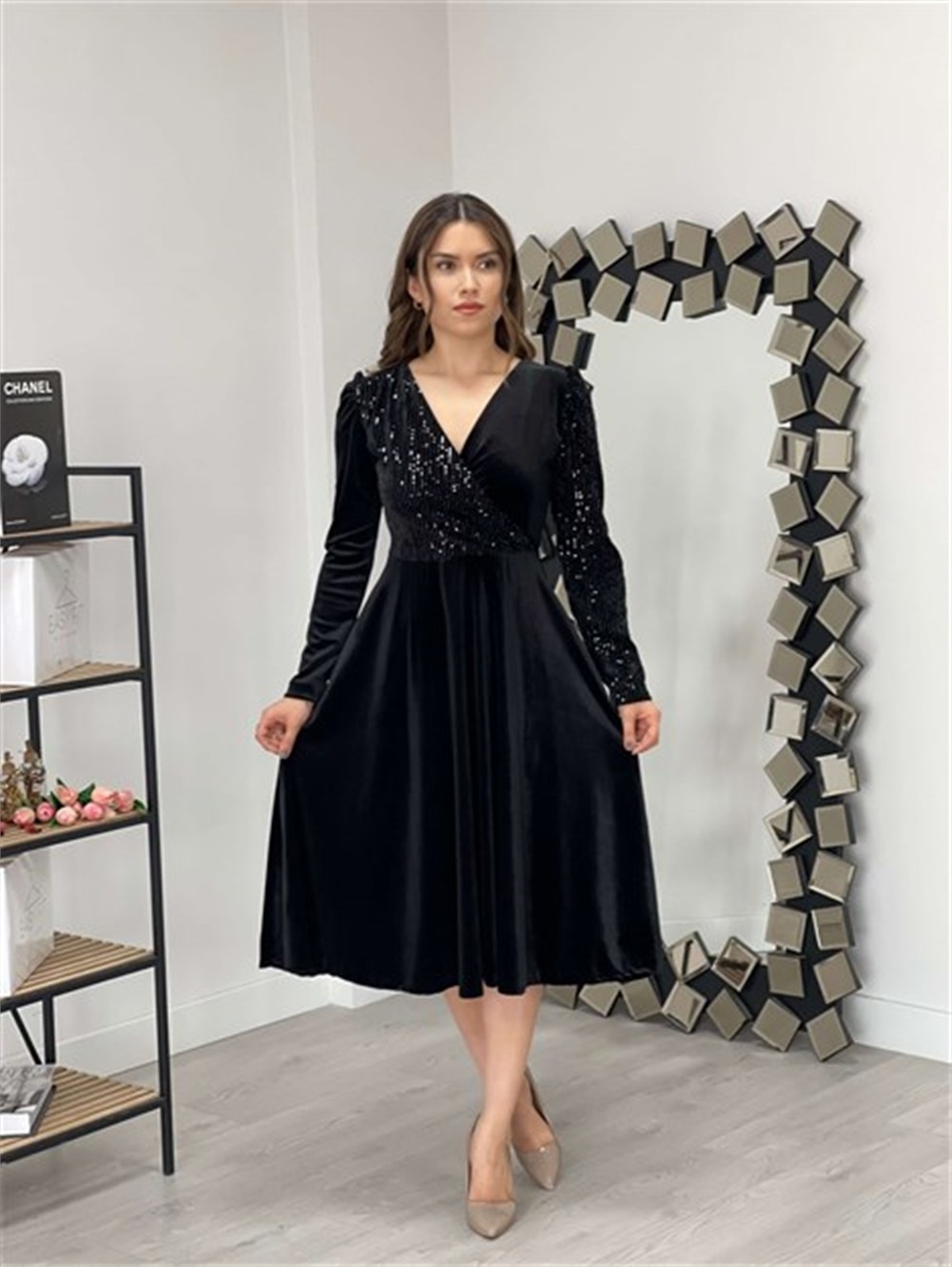 Top sequin lower velvet dress - black | Giyim Masalı