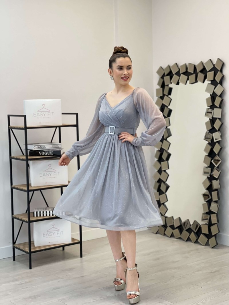 Long Sleeve Belted Tulle Dress - Gray | Giyim Masalı