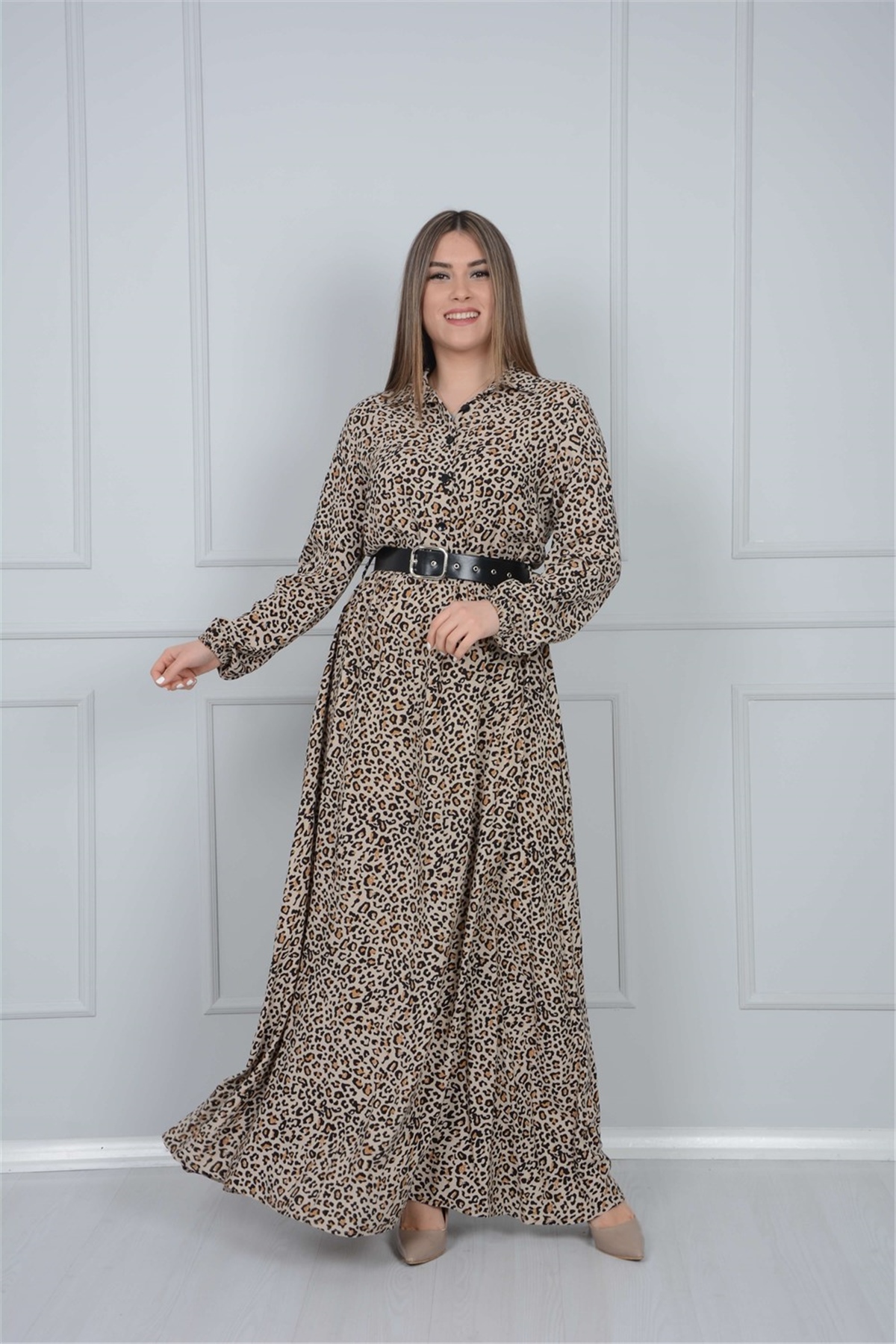 فستان بحزام وطبعة جلد الفهد - كريمي | Giyim Masalı