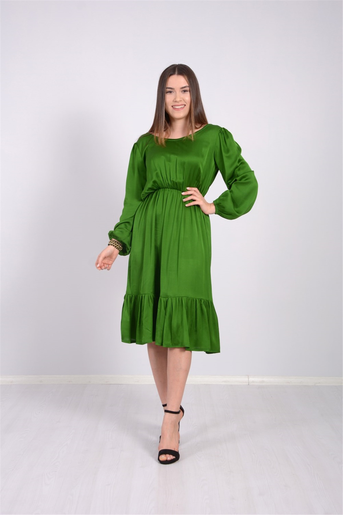Yerli Saten Beli Lastikli Elbise - Yeşil | Giyim Masalı