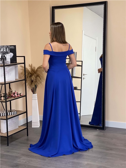 Crep Kumaş Askılı Prenses Elbise - Saks Mavisi