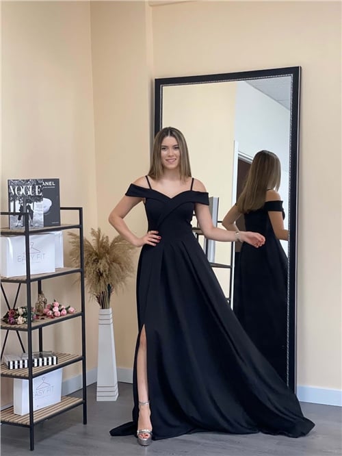 Crep Kumaş Askılı Prenses Elbise - Siyah