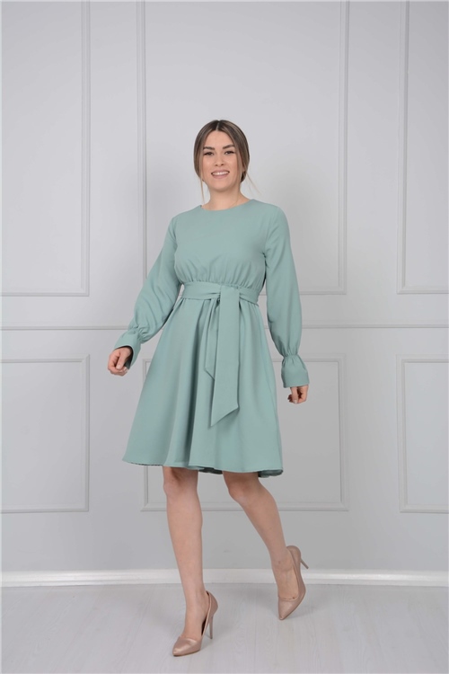 Crep Kumaş Bel Lastik Elbise - Mint Yeşili