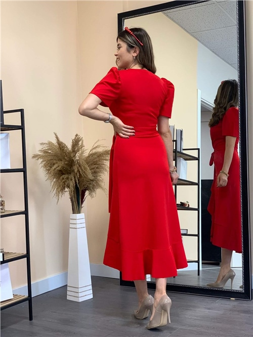 Crep Kumaş Midi Elbise  - Kırmızı