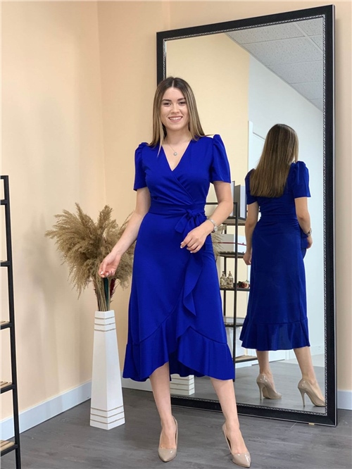Crep Kumaş Midi Elbise - Saks Mavisi | Giyim Masalı