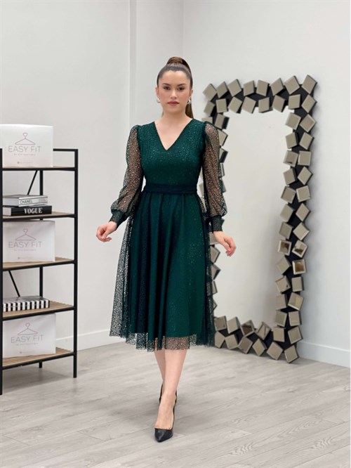 Lace Fabric V-Neck Midi Dress - Emerald Green | Giyim Masalı