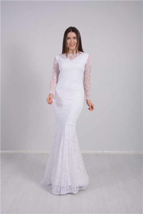 Flok Baskı Dantel Tasarım Elbise - Beyaz