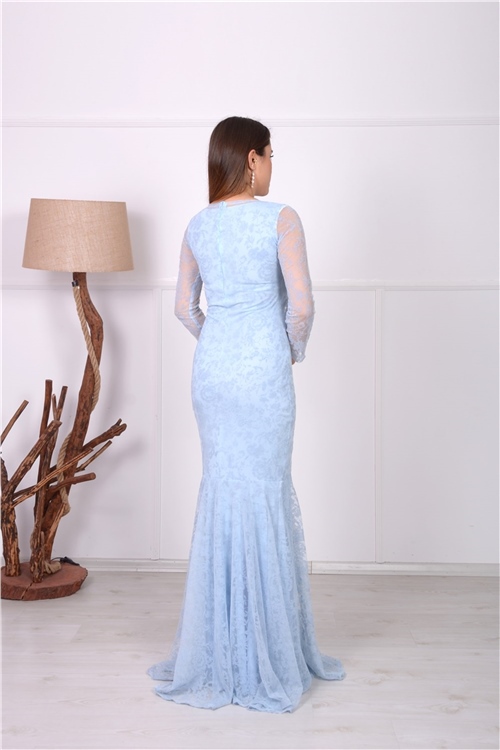 Flok Baskı Dantel Tasarım Elbise - Buz Mavi