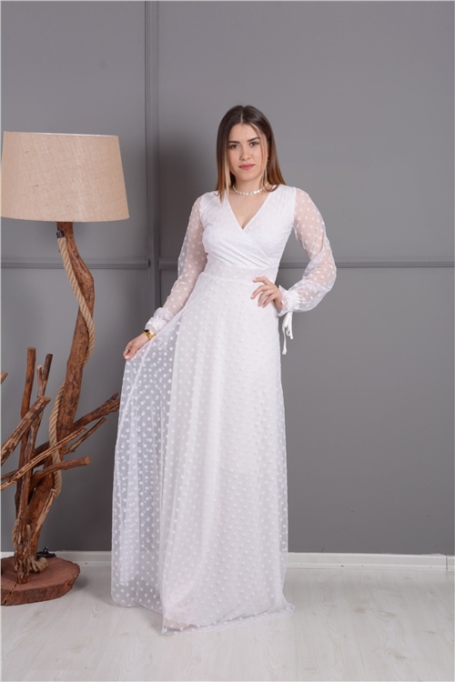 Flok Baskı Puantiye Detaylı Kol Lastikli Elbise - Beyaz